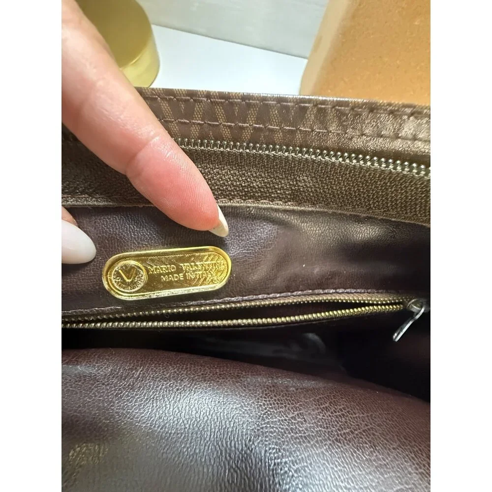 Authentic Valentino Monogram Clutch Bag Brown & Gold Faux Leather Zip Closure 11